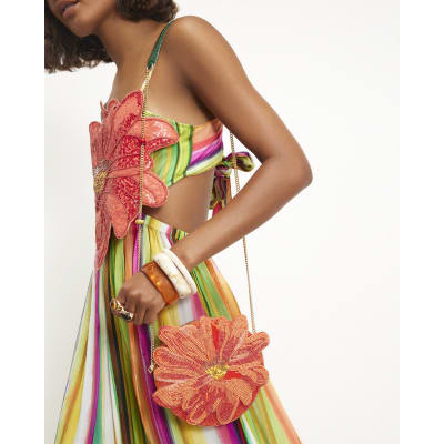 Orange Beaded Flower Clutch Bag
