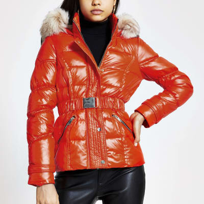 fitted padded jacket with faux fur hood