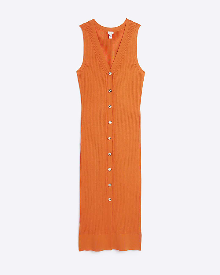 Orange Button Bodycon Midi Dress