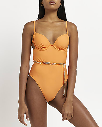 Orange chain detail plunge swimsuit
