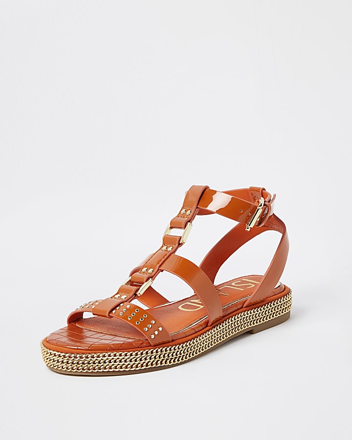 Orange chain double strap flatform sandals