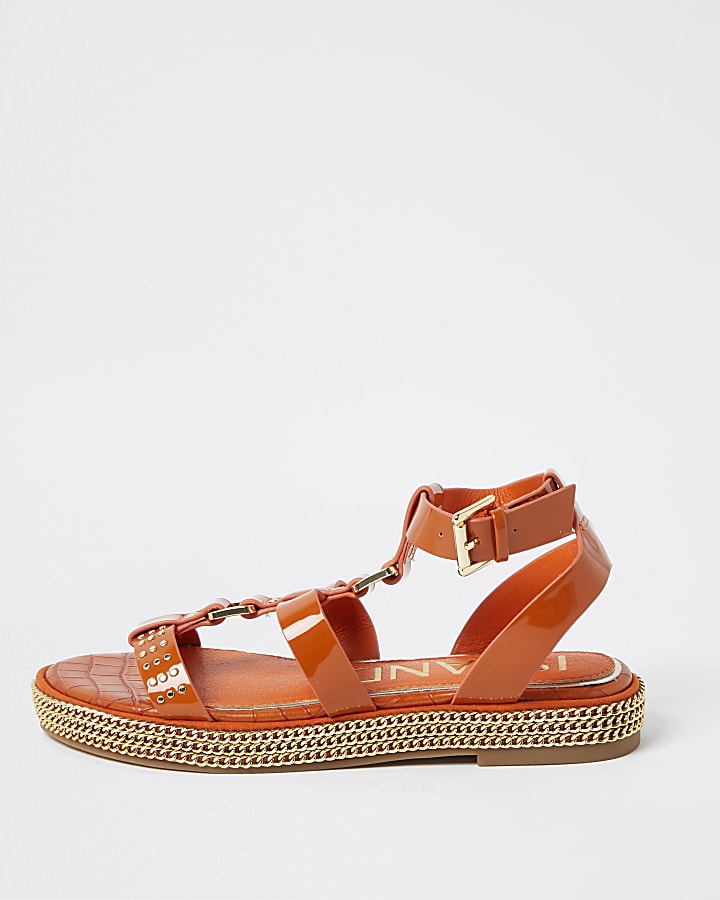 Orange chain double strap flatform sandals