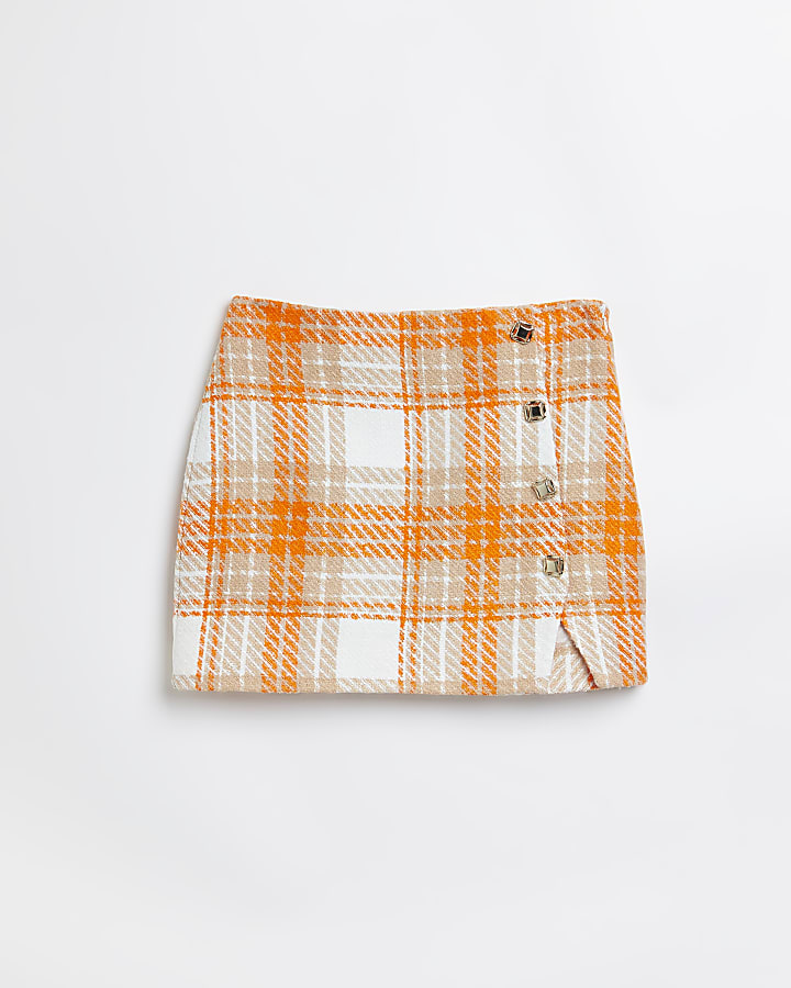 Orange checked boucle mini skirt
