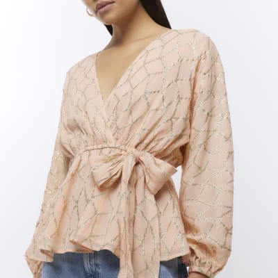 Orange chiffon glitter wrap blouse