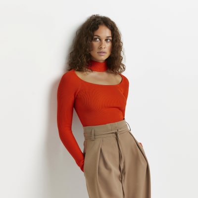 ORANGE CHOKER NECK CUT OUT TOP