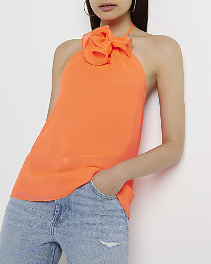 Orange corsage halter neck top