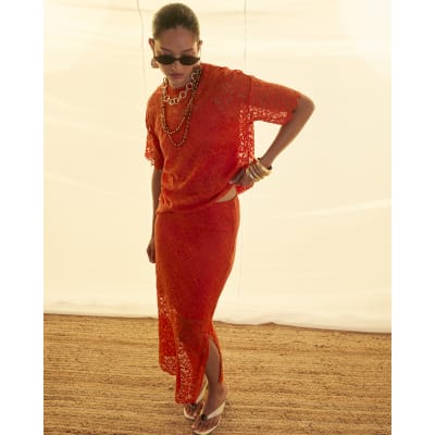 Orange Cotton Blend Lace Midi Skirt