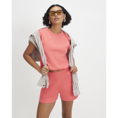 Orange Cotton Blend Ribbed Tank Top