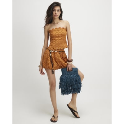 Orange Cotton Broderie Bubble Hem Shorts