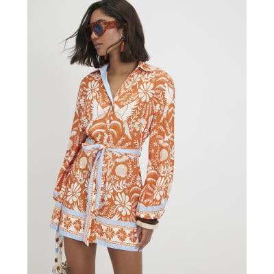 Cotton Floral Print Belted Shirt Dress