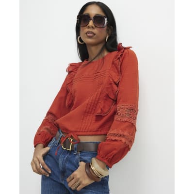 Orange Cotton Long Sleeve Ruffle Blouse