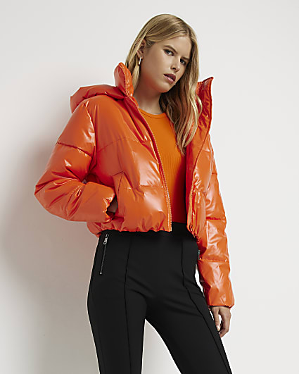 Orange crop hooded puffer coat