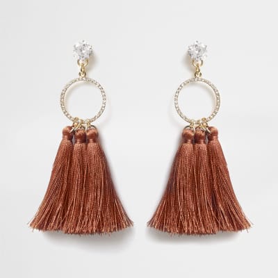 Orange diamante circle tassel drop earrings