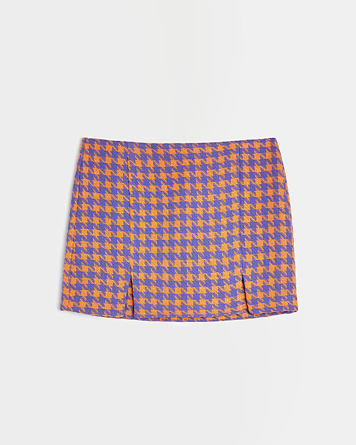 Orange dogtooth boucle mini skirt