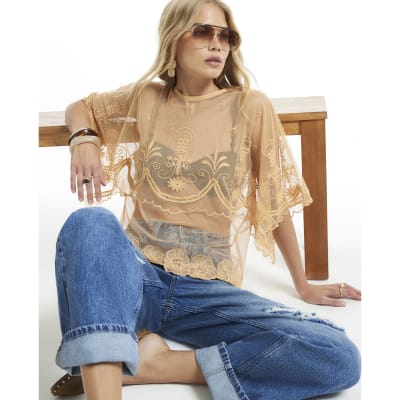 Embroidered Scallop Hem Sheer Top