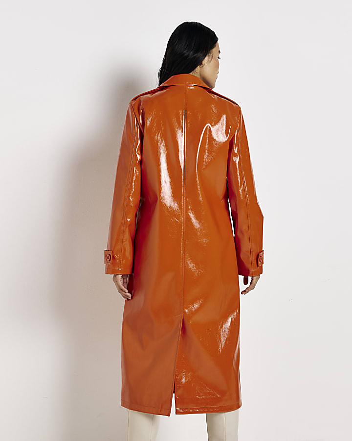 Orange faux leather longline coat