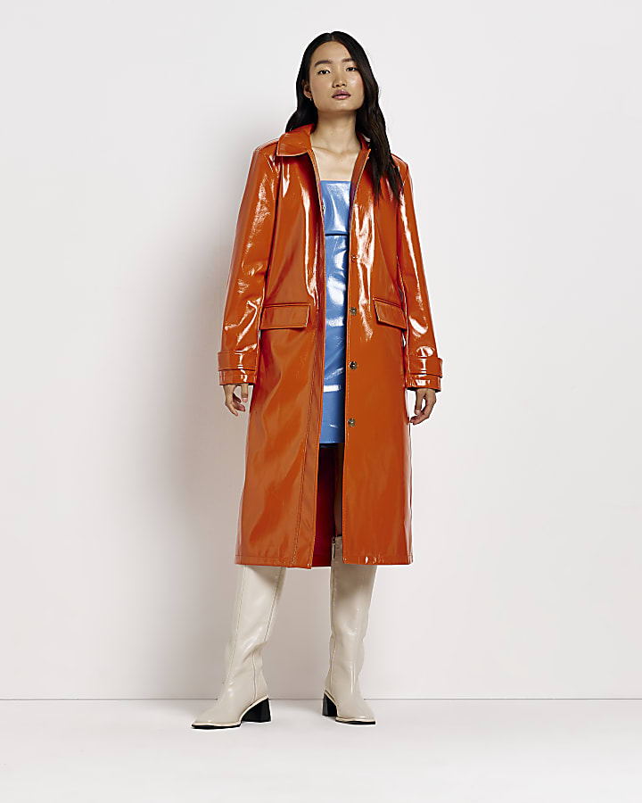 Orange faux leather longline coat