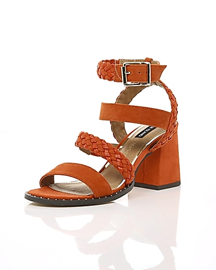 360 degree animation of product Orange faux suede woven stud sandals frame-0