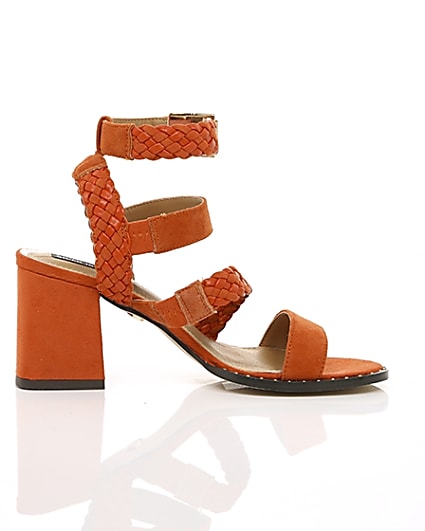 360 degree animation of product Orange faux suede woven stud sandals frame-9