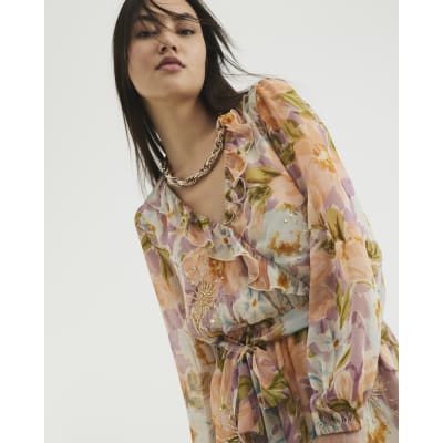 Orange Floral Embellished Ruffle Playsuit