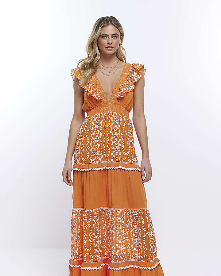 Orange floral frill detail beach maxi dress