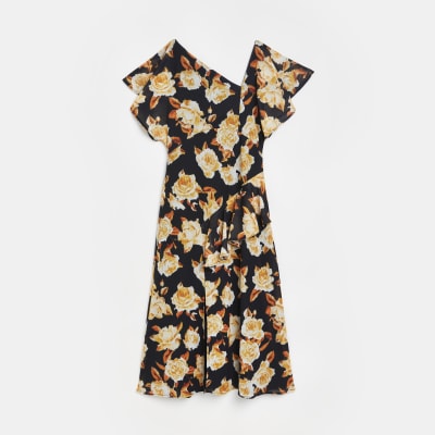 Orange floral frill shift midi dress River Island