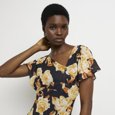 Orange floral frill shift midi dress River Island