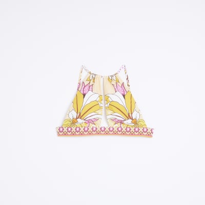 Orange floral halter neck bikini top River Island