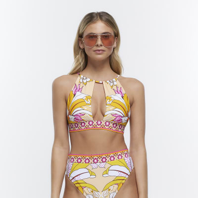 Orange floral halter neck bikini top River Island