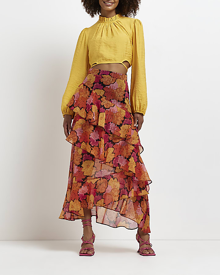 Orange floral ruffled maxi skirt