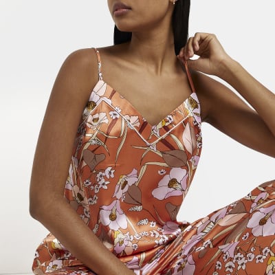 Orange floral satin cami pyjama top Orange floral satin cami pyjama top