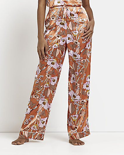 Orange floral satin pyjama trousers