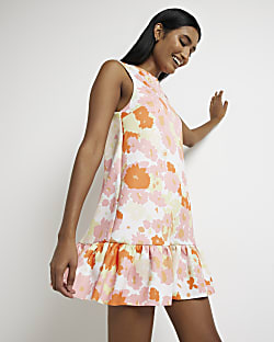 Orange floral shift mini Dress