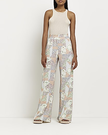 Orange floral shirred palazzo trousers