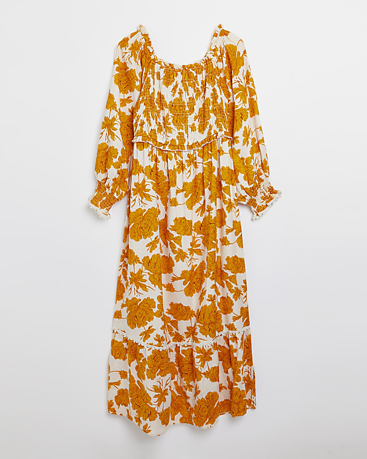 Orange floral shirred smock maxi dress