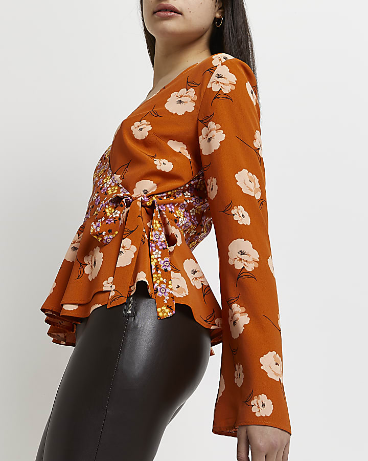 Orange floral wrap blouse
