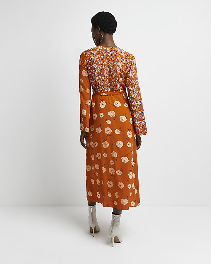 Orange floral wrap midi dress