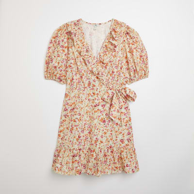 Orange floral wrap mini dress