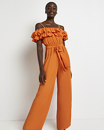 Orange frill bardot jumpsuit