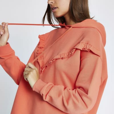 Orange frill ribbed long sleeve hoodie
