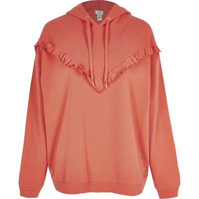 Orange frill ribbed long sleeve hoodie