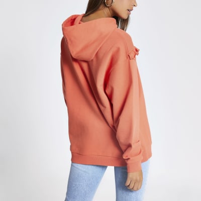 Orange frill ribbed long sleeve hoodie