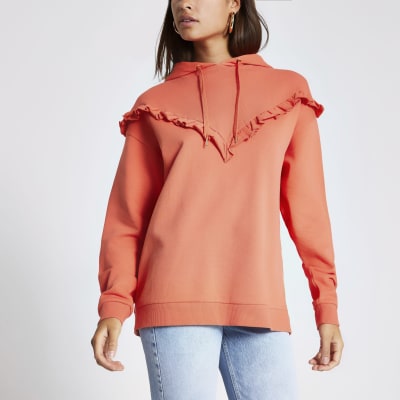 Orange frill ribbed long sleeve hoodie
