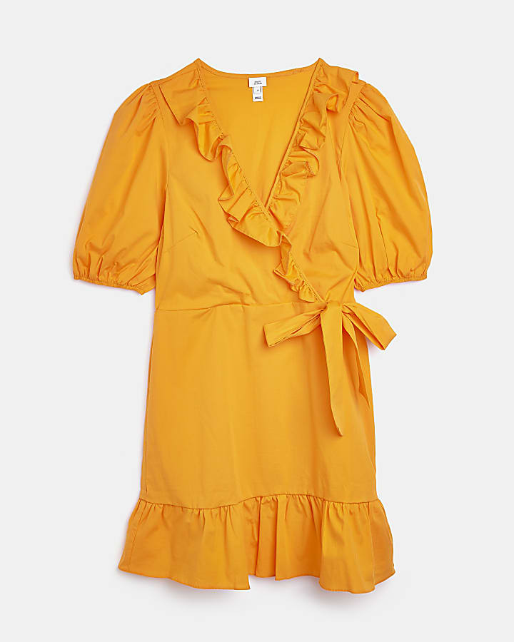 Orange frill short sleeve wrap mini dress