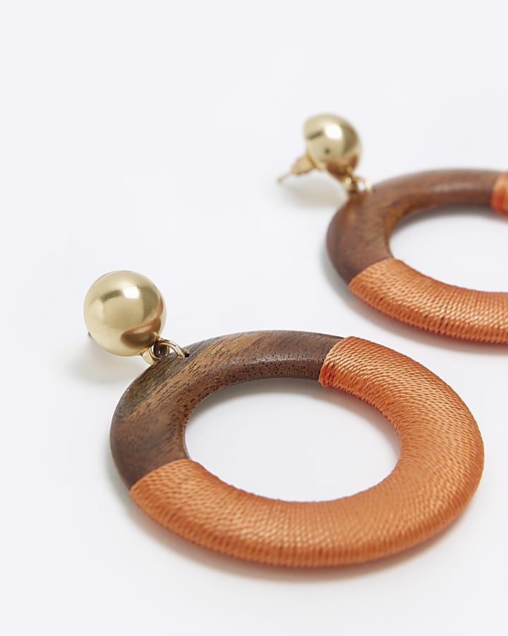 Orange half wrapped wood circle drop earrings