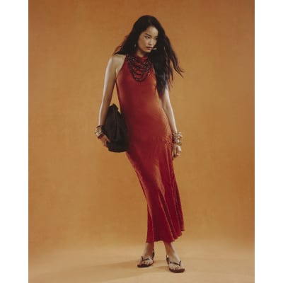 Orange Halter Neck Maxi Slip Dress