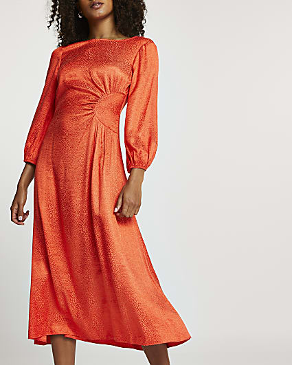 Orange jacquard ruched maxi dress