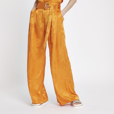 Orange jacquard wide leg trousers