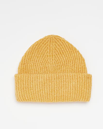 Orange knit beanie hat