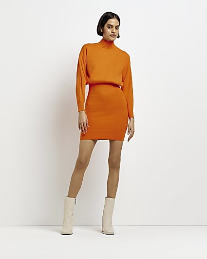 Orange knit cinched jumper mini dress